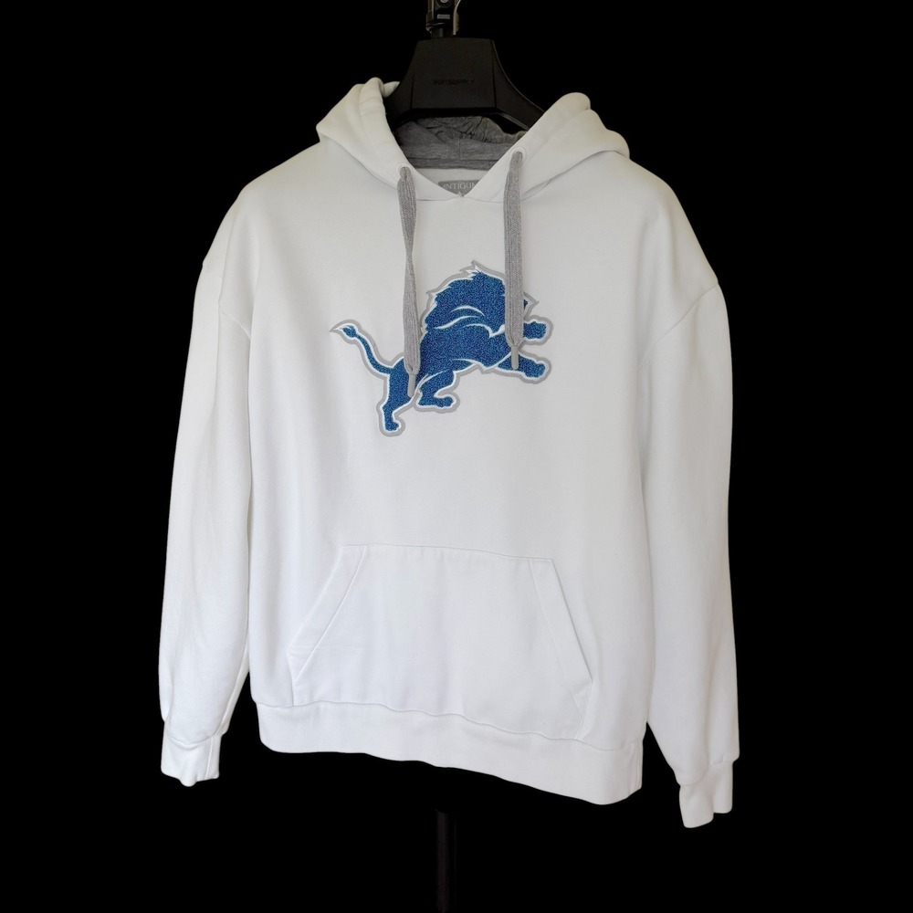 Antigua Detroit Lions Pullover Hoodie White Blue Chenille Logo Sweatshirt Medium